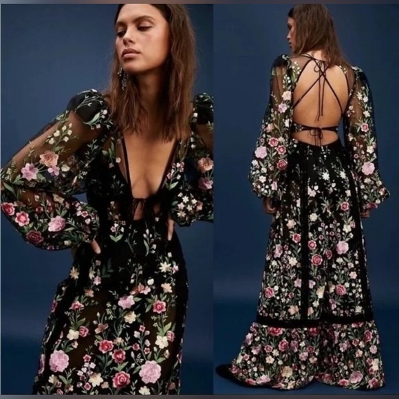 FOR LOVE & LEMONS Luna Maxi Dress In Embroidered Black Floral Size XS NWT - Picture 4 of 10